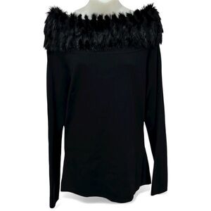 Lisa International Black Top with Faux Fur | Ribbed | Excellent Condition Size:L